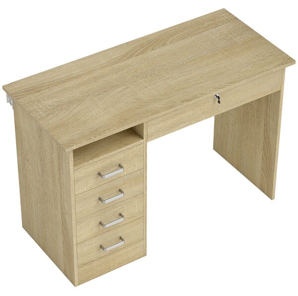 HOMCOM Scrivania moderna per computer con 5 cassetti, grande piano, 1 vano aperto, cassetto bloccabile, 110x50x76 cm, rovere | Aosom Italy
