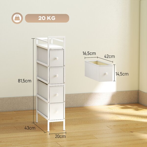 HOMCOM Cassettiera con 4 Cassetti, Cabina Armadio per Camera e Soggiorno, in Tessuto e Telaio in Acciaio, 20x43x81.5 cm, Bianco | Aosom Italy