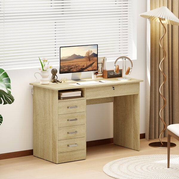 HOMCOM Scrivania moderna per computer con 5 cassetti, grande piano, 1 vano aperto, cassetto bloccabile, 110x50x76 cm, rovere | Aosom Italy