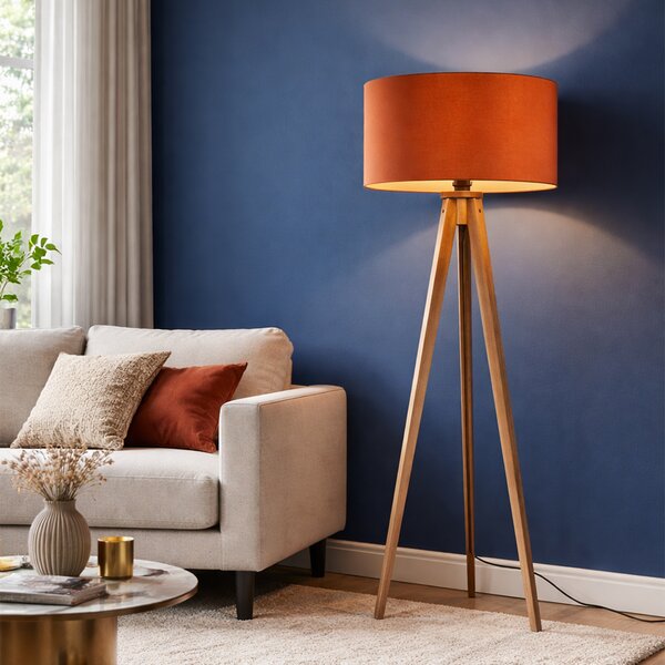 Lampada da terra in legno con paralume arancione e interno dorato 50cm - Tripod Classic
