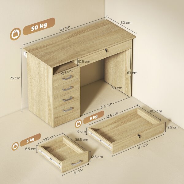 HOMCOM Scrivania moderna per computer con 5 cassetti, grande piano, 1 vano aperto, cassetto bloccabile, 110x50x76 cm, rovere | Aosom Italy
