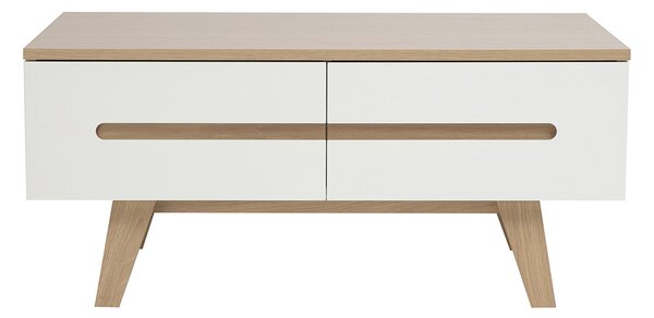 Tavolino basso laccato bianco brillante con finitura in legno chiaro 4 cassetti L100 cm MELKA
