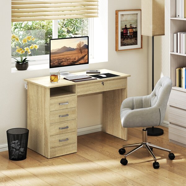 HOMCOM Scrivania moderna per computer con 5 cassetti, grande piano, 1 vano aperto, cassetto bloccabile, 110x50x76 cm, rovere | Aosom Italy