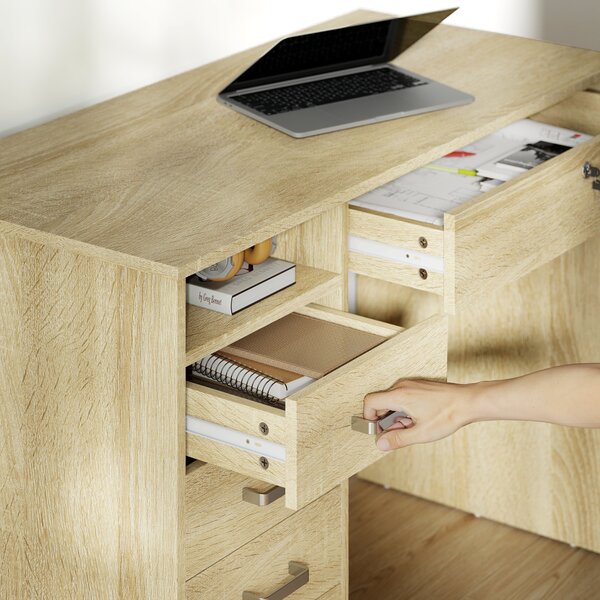 HOMCOM Scrivania moderna per computer con 5 cassetti, grande piano, 1 vano aperto, cassetto bloccabile, 110x50x76 cm, rovere | Aosom Italy