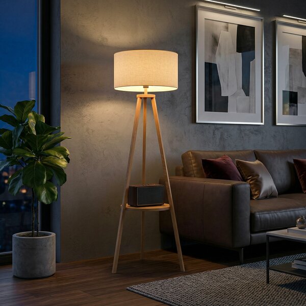 HOMCOM Lampada da Terra con Ripiano Intermedio Paralume in Lino Interruttore a Pedale Risparmio Energetico Altezza 154cm, Legno, 50x50x154 cm|Aosom