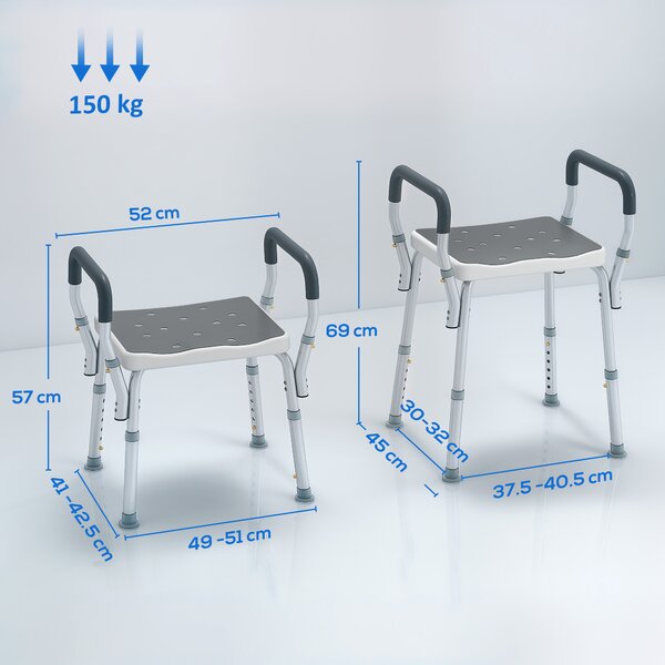 HOMCOM Sgabello per Doccia Regolabile su 6 livelli con Braccioli e Fori di Drenaggio in Alluminio per bagno, 52x45x57-69cm, Grigio | Aosom Italy