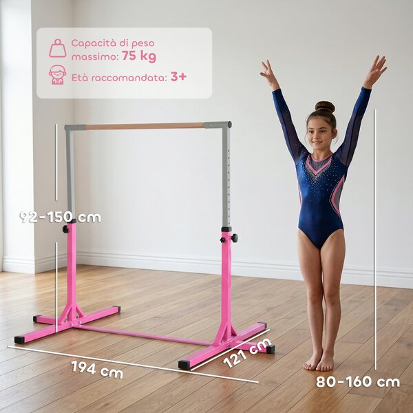 Sbarra per Ginnastica Artistica Sbarra Danza Classica Panche e attrezzi Rosa e grigio 197L x 121P x 92-150Acm Acciaio, Legno di faggio Homcom|Aosom