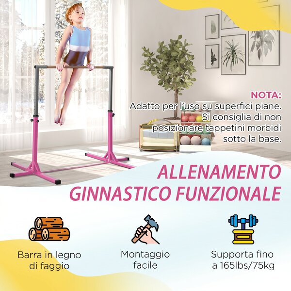 Sbarra per Ginnastica Artistica Sbarra Danza Classica Panche e attrezzi Rosa e grigio 197L x 121P x 92-150Acm Acciaio, Legno di faggio Homcom|Aosom