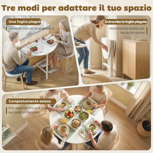 HOMCOM Tavolo da pranzo/cucina pieghevole per 4 persone con 2 ribalte, piedi in acciaio, 80x80x76 cm, bianco | Aosom Italy