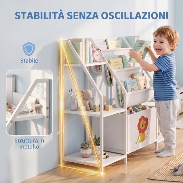 AIYAPLAY Libreria Montessoriana per Bambini 3-8 Anni con 3 Ripiani in Tessuto, Scomparti in Legno e Cassetto, Bianco | Aosom Italy
