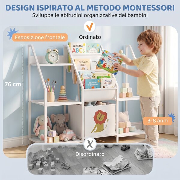 AIYAPLAY Libreria Montessoriana per Bambini 3-8 Anni con 3 Ripiani in Tessuto, Scomparti in Legno e Cassetto, Bianco | Aosom Italy