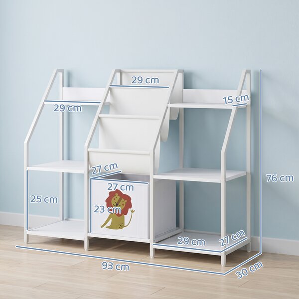 AIYAPLAY Libreria Montessoriana per Bambini 3-8 Anni con 3 Ripiani in Tessuto, Scomparti in Legno e Cassetto, Bianco | Aosom Italy