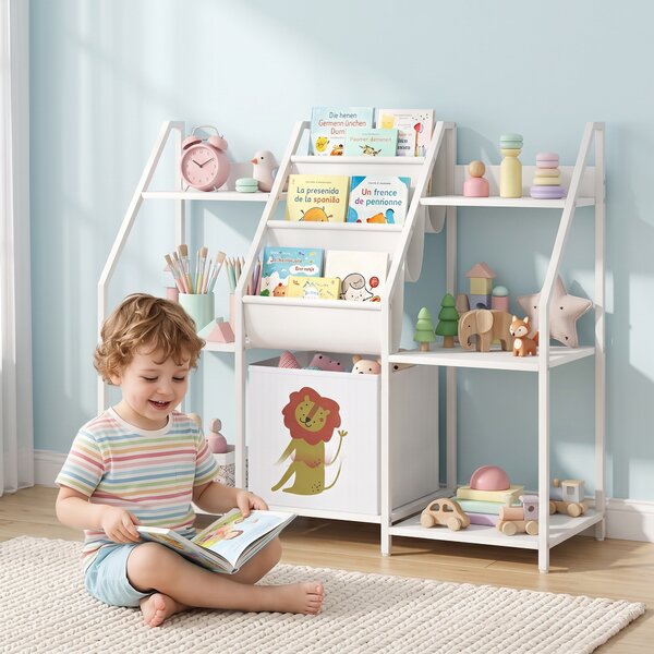 AIYAPLAY Libreria Montessoriana per Bambini 3-8 Anni con 3 Ripiani in Tessuto, Scomparti in Legno e Cassetto, Bianco | Aosom Italy