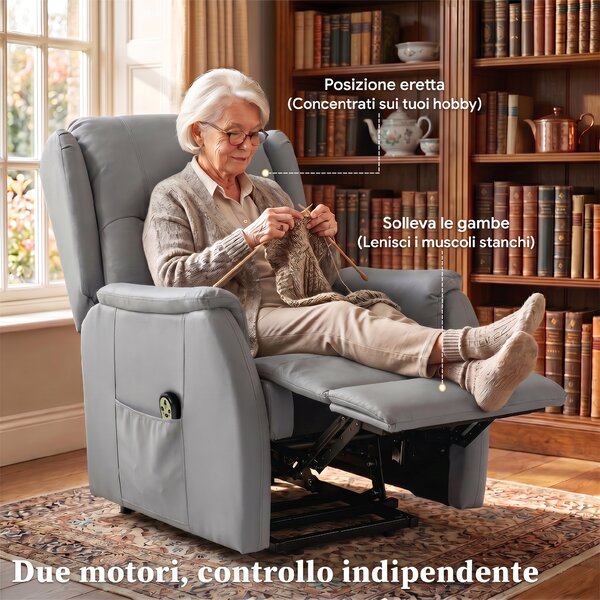HOMCOM Poltrona Alzapersona, doppio motore, reclinabile similpelle per anziani, grigio chiaro | Aosom Italy