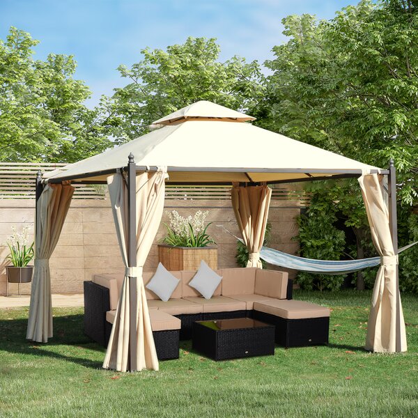Outsunny Gazebo multifunzione da Esterno Impermeabile con Doppio Tettuccio e Tende Laterali Chiudibili a Cerniera, 3x3 m, Beige | Aosom Italy