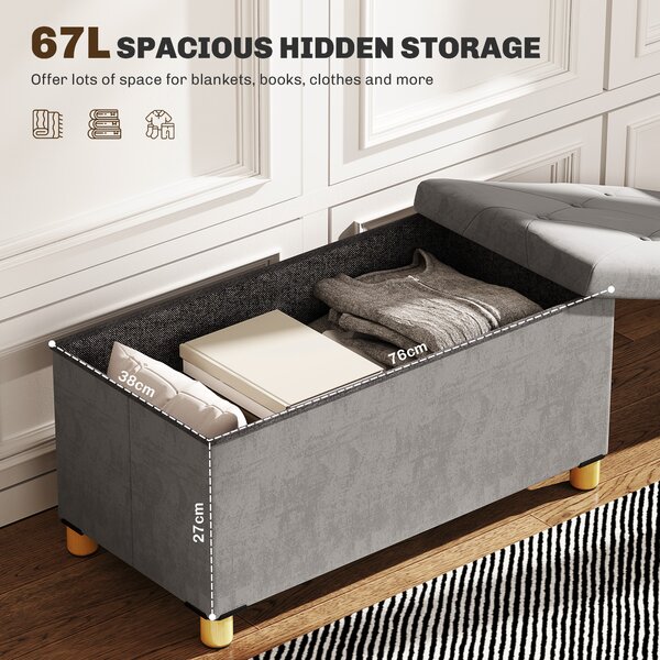 HOMCOM Panca Contenitore Pieghevole da 67L, Coperchio Imbottito e Rivestimento Vellutato, 76x38x38cm, Grigio | Aosom Italy