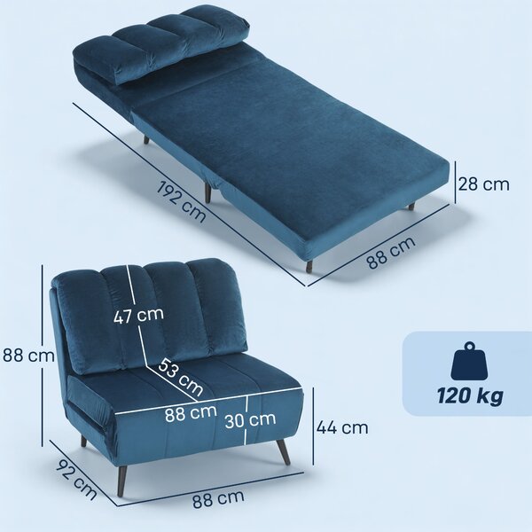 HOMCOM Poltrona Letto Pieghevole Trasformabile con Schienale Regolabile, Blu | Aosom Italy