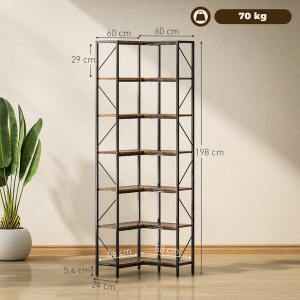 HOMCOM Libreria Angolare Industriale a 7 Livelli, in Legno e Acciaio, 60x60x198 cm, Marrone Rustico | Aosom Italy