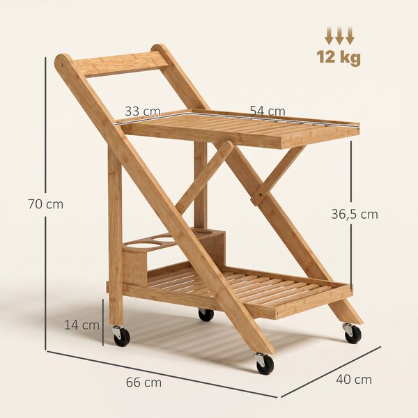 HOMCOM Carrello da Cucina Portavivande Pieghevole a 2 Livelli con Portabottiglie in Legno di Bambù