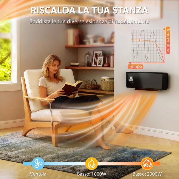 HOMCOM Stufa Ceramica 2000W a Parete con 3 Modalità, Temperatura Regolabile, Timer, Telecomando, Blocco Bambini, Nero | Aosom Italy