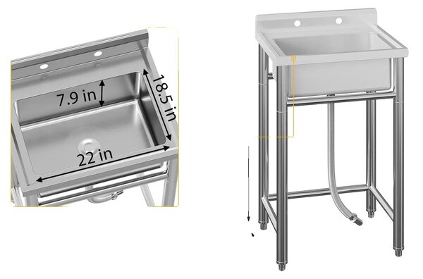 Lavello industriale, struttura in acciaio inossidabile, rubinetto girevole a 360°, dimensioni 53x53x84 cm (21x21x33 pollici)
