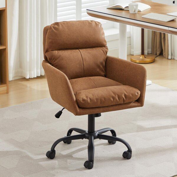 Sedia da ufficio in ecopelle, realizzata con materiale PU, base nera, regolabile in altezza, ideale per ufficio, camera da letto o come sedia da trucco, confortevole, disponibile in colore marrone