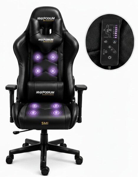 MaxPodium Tactical SMI, sella da gioco tattica con funzione massaggio, colore nero – sedia da ufficio ergonomica, capacità di carico 150 kg