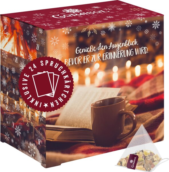 Calendario dell'Avvento con tè piramidali Corasol Calendario dell'Avvento con tè e citazioni Goditi il momento con 24 tè premium e bigliettini con citazioni (89 g)