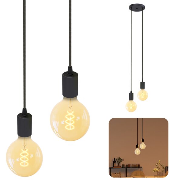 SSC-LUXon PARU lampada a sospensione vintage a 2 luci nera - design a sospensione con cavi tessili incl. 2x E27 LED a filamento XL