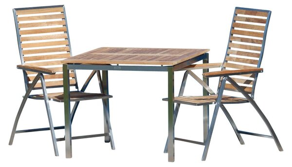 ALEOS. Set da giardino in acciaio inossidabile e teak: tavolo 90x90 cm + 2 sedie alte in teak e acciaio inossidabile, set di mobili da giardino per 2 persone, legno di teak di qualità A, ideale per uso professionale