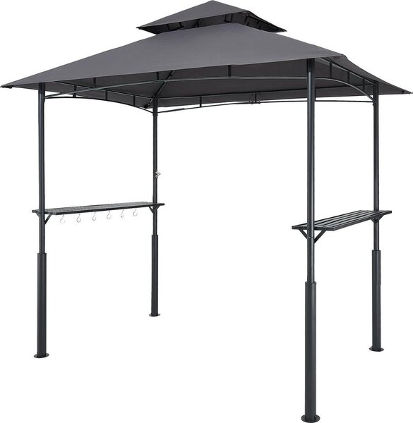 Gazebo per barbecue, 2,43 x 1,5 m Gazebo rinforzato per barbecue da esterno con tetto a doppio strato, riparo per barbecue in acciaio verniciato a polvere con 2 ripiani laterali e 8 ganci, tettoia per barbecue per patio, giardino e cortile