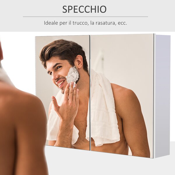 HOMCOM Armadietto Pensile da Bagno | Due Ante Frontali con Specchiera e 3 Ripiani Interni | MDF Bianco (80 x 60 x 15 cm)|Aosom