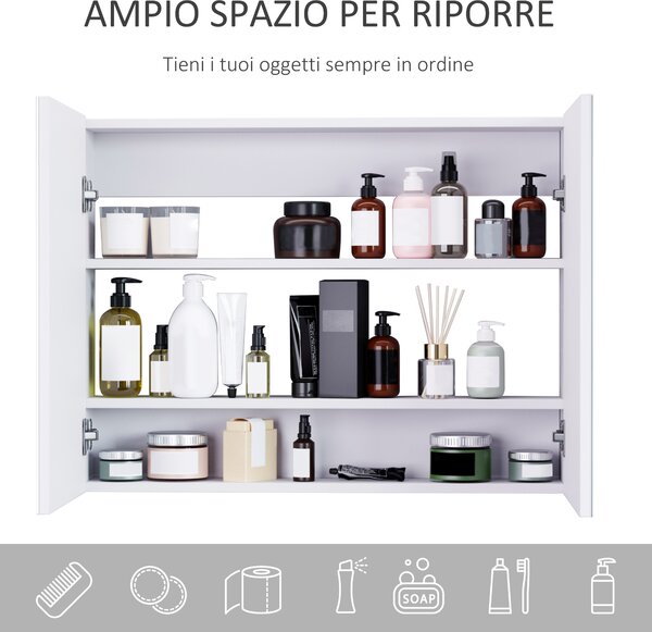 HOMCOM Armadietto Pensile da Bagno | Due Ante Frontali con Specchiera e 3 Ripiani Interni | MDF Bianco (80 x 60 x 15 cm)|Aosom