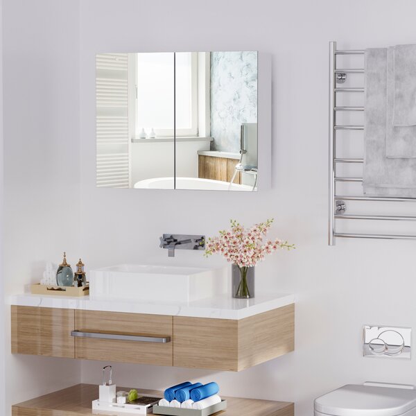 HOMCOM Armadietto Pensile da Bagno | Due Ante Frontali con Specchiera e 3 Ripiani Interni | MDF Bianco (80 x 60 x 15 cm)|Aosom