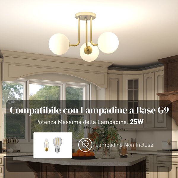 HOMCOM Lampadario da Soffitto Vintage con 3 Punti Luce Attacchi G9, 42x42x26.5 cm, Oro | Aosom Italy