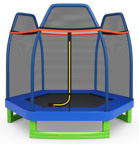 Costway Tappeto elastico 223 cm con rete di sicurezza e cuscinetto a molle, Mini tappeto elastico per bambini Blu