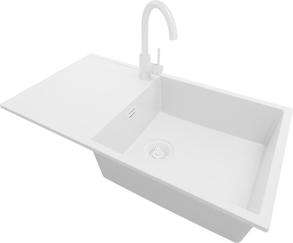 Lavello in granito PRIMAGRAN Tutto bianco 90x50 cm, lavello a vasca singola + rubinetto da cucina 32x20 cm + set di scarico, lavello da cucina per mobili base da 60 cm - Ibiza