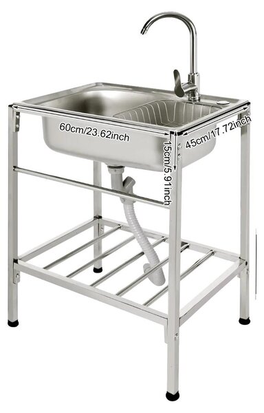 Lavello da cucina, finitura in acciaio inossidabile, include rubinetto con acqua calda e fredda, colore argento