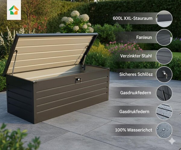 Contenitore metallico per riporre oggetti, baule da giardino 600 L, resistente alle intemperie