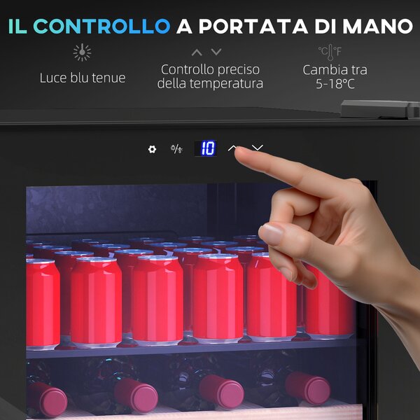 HOMCOM Cantinetta Frigo per Vino da 53L con Ripiani Regolabili per 12 Bottiglie e 25 Lattine, 43x45x64 cm, Nero | Aosom Italy