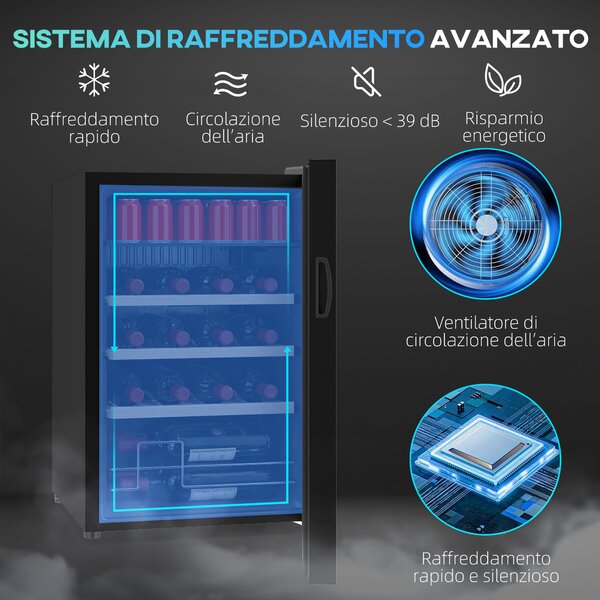 HOMCOM Cantinetta Frigo per Vino da 53L con Ripiani Regolabili per 12 Bottiglie e 25 Lattine, 43x45x64 cm, Nero | Aosom Italy