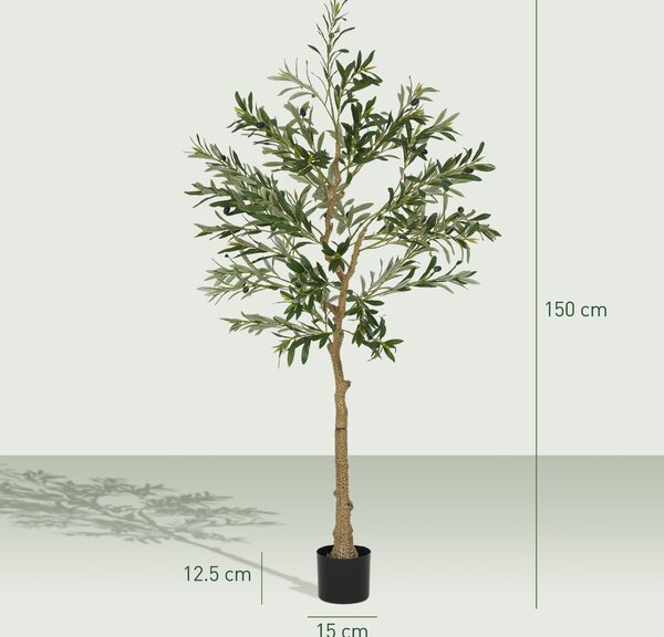 HOMCOM Pianta Artificiale di Olivo Alta 150 cm, Albero Finto con 720 Foglie e 32 Olive, Vaso Incluso | Aosom Italy