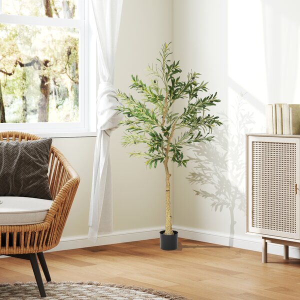 HOMCOM Pianta Artificiale di Olivo Alta 150 cm, Albero Finto con 720 Foglie e 32 Olive, Vaso Incluso | Aosom Italy