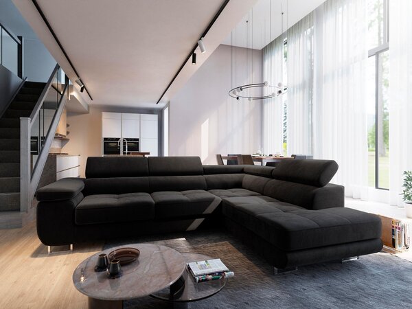Divano angolare Masseno SELVA R-S con funzione letto a L, divano con box letto, divano da salotto, divano, divano, divano letto, set di divani - nero, MONOLITH 95