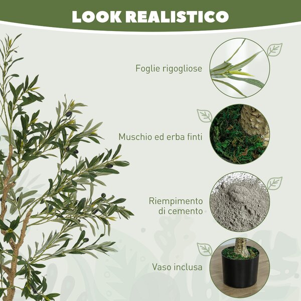 HOMCOM Pianta Artificiale di Olivo Alta 150 cm, Albero Finto con 720 Foglie e 32 Olive, Vaso Incluso | Aosom Italy