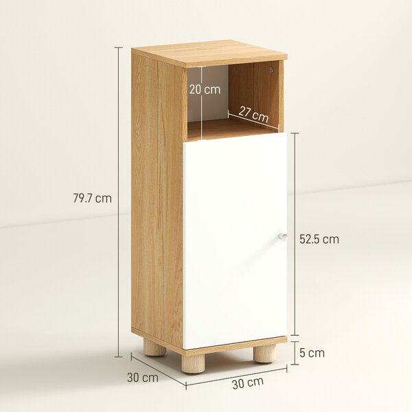 HOMCOM Mobiletto Bagno Salvaspazio con Armadietto a 2 Ripiani e Vano Aperto, 30x30x79.7 cm, Bianco e Legno | Aosom Italy