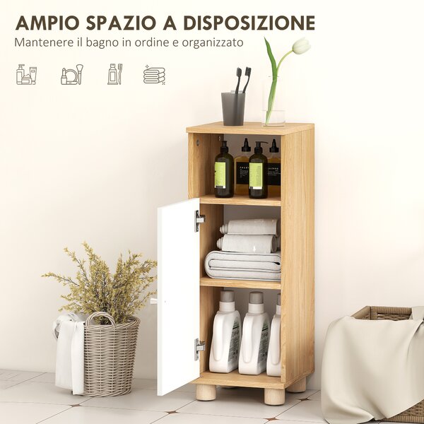 HOMCOM Mobiletto Bagno Salvaspazio con Armadietto a 2 Ripiani e Vano Aperto, 30x30x79.7 cm, Bianco e Legno | Aosom Italy