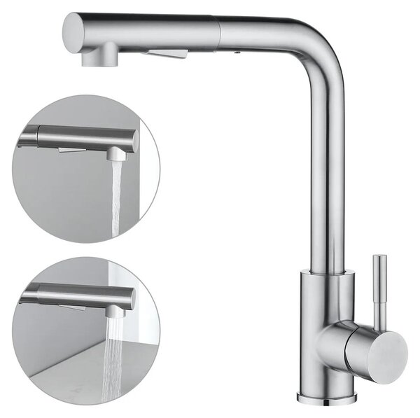 Miscelatore da cucina con doccetta estraibile, realizzato in acciaio inossidabile resistente, finitura spazzolata (a forma di L)