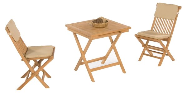 SonnenPartner Sunny Smart Set di mobili da giardino "Bristol": 2 sedie pieghevoli con cuscini color naturale, 1 tavolo pieghevole 70x70 cm, legno di teak 80086104