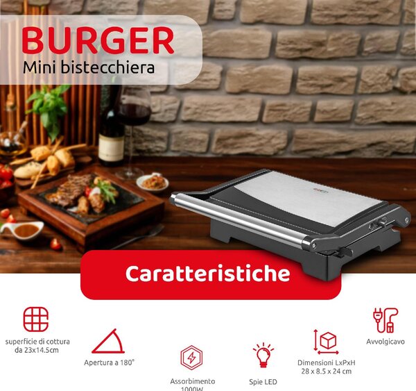 Melchioni Bistecchiera elettrica Doppia Piastra Antiaderente Potenza 1000 Watt - BURGER
